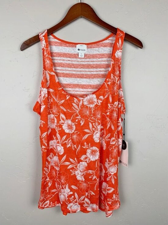 STYLUS Tops - NWT New Stylus Linen Tank Top Orange & Floral Stripe Sleeveless Women's XL